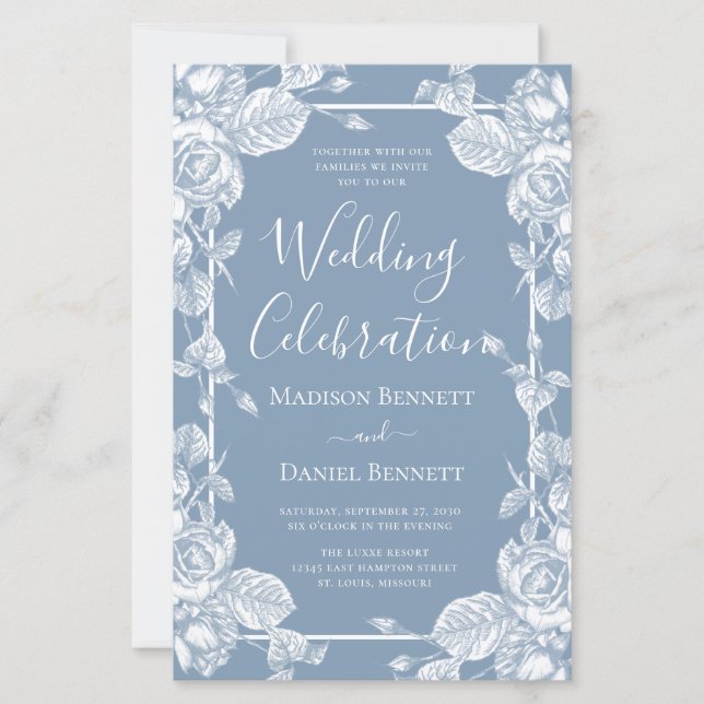 Papier Fête de mariage florale bleu poussiéreux de budget (Devant)