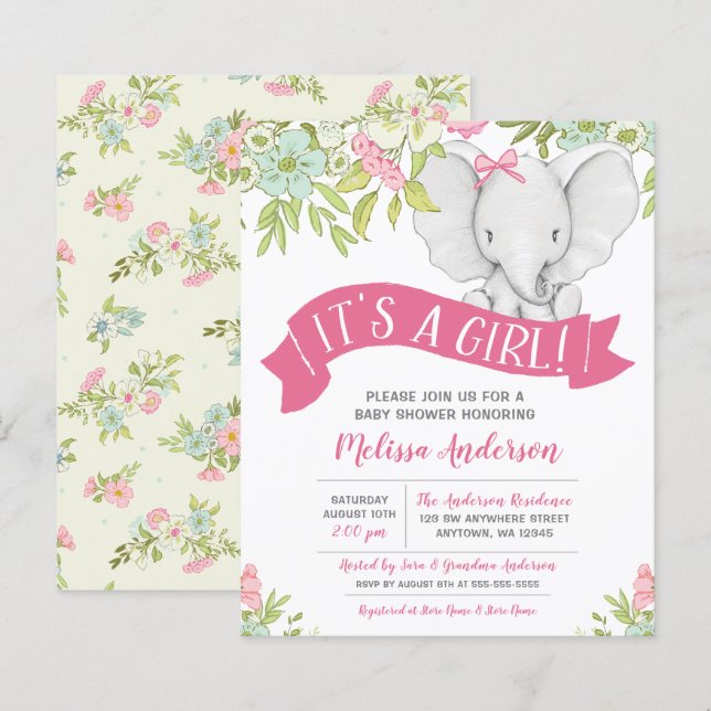 Papier Fête de Naissance Fleurie Éléphant Fille Budget (Devant / Derrière)