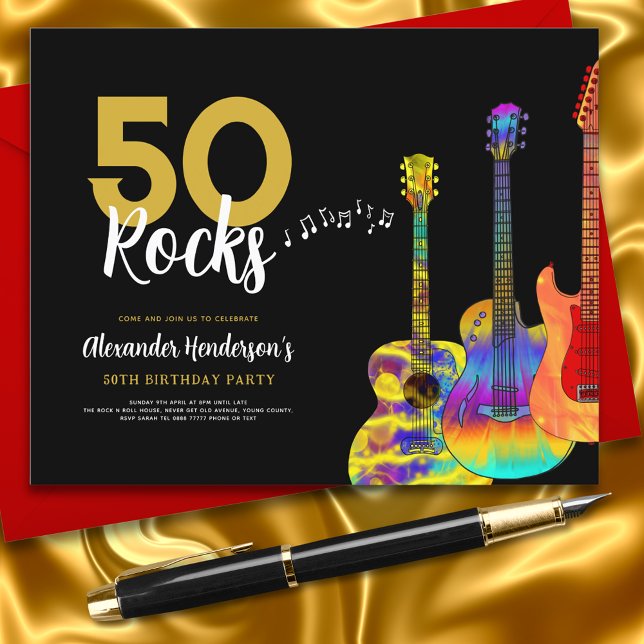 Papier Fête des 50 ans de la guitare 50 rocks (Rock and roll cool black and gold 50th birthday party invitations 50 Rocks colorful guitar art)