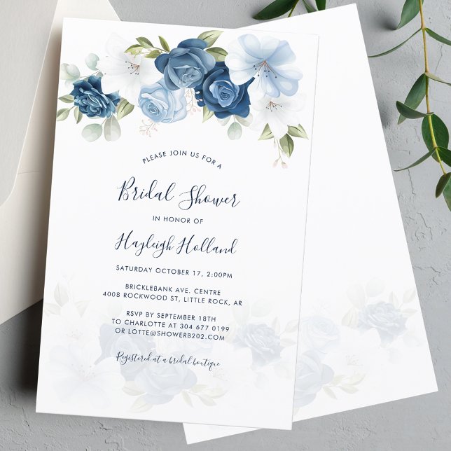 Papier Fête des mariées Dusty Blue Floral Script Invitati (Floral Dusty Blue Watercolor Bridal Shower Invitation)