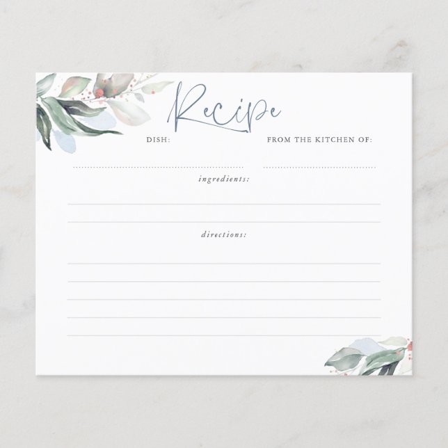 Papier Fête des mariées Dusty Blue Greenery Recette Card (Devant)