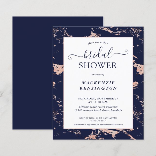 Papier Fête des mariées en marbre d'or Rose bleu marine (Devant / Derrière)