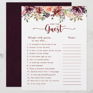 Papier Fête des mariées florale rustique Trouvez le jeu d