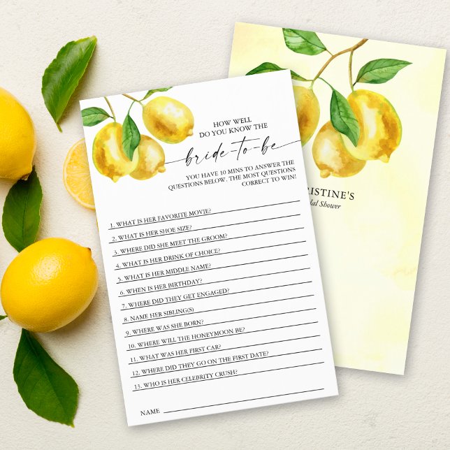 Papier Fête des mariées Game Fruit citron (Add some fun to your lemon bridal shower with this "How well do you know the Bride" game.)