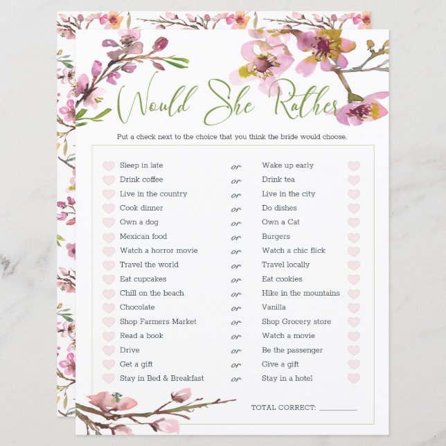 Papier Fête des mariées Jeu Elle Préférerait Cherry Bloss (Devant / Derrière)