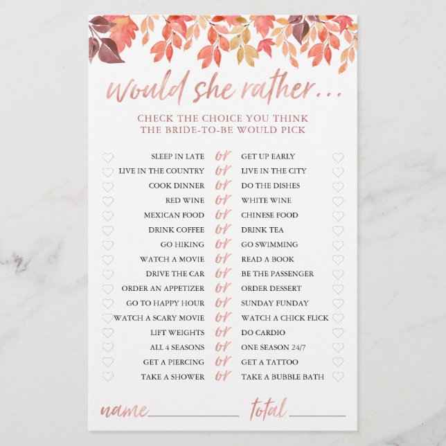 Papier Fête des mariées Jeu Elle Préférerait Tomber Feuil (Devant)