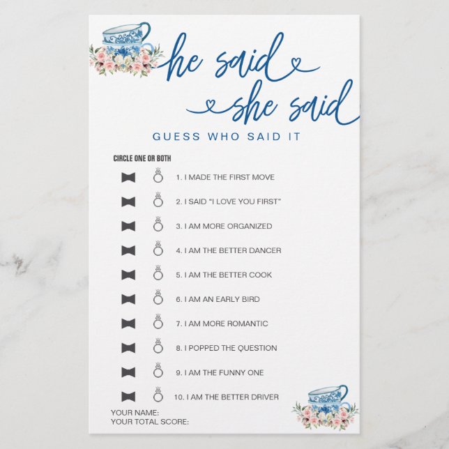 Papier Fête des mariées Jeu Il A Dit Qu'Elle A Dit Devine (Devant)