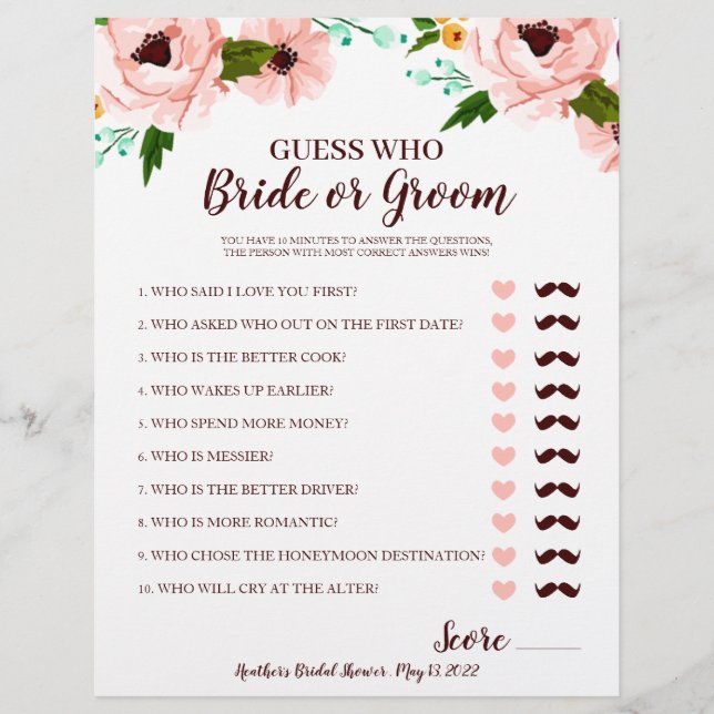 Papier Fête des mariées Jeu mariée ou groom floral (Devant)