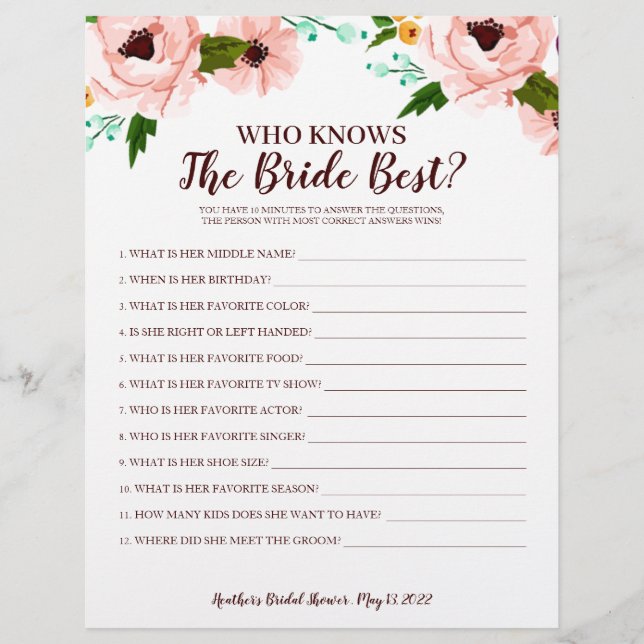 Papier Fête des mariées Jeu Qui Connaît Mariée Floral (Devant)