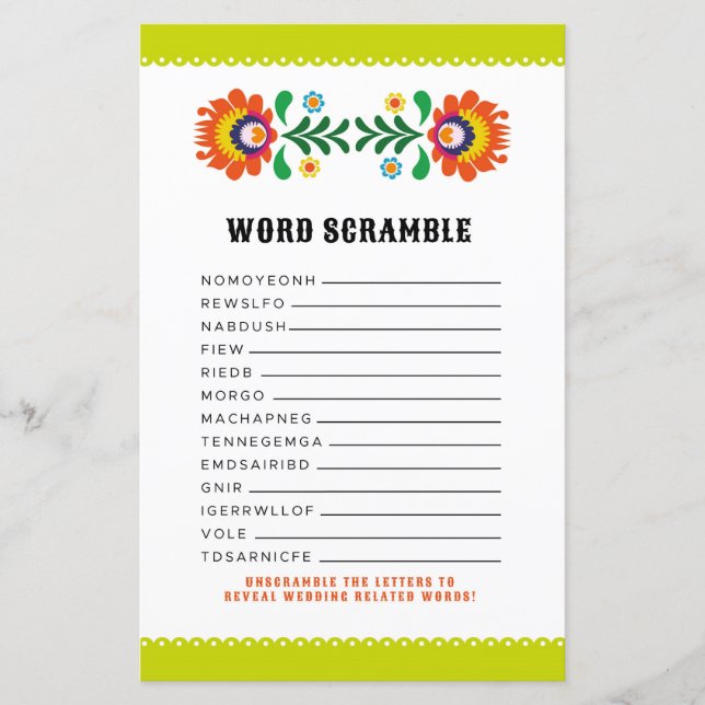 Papier Fête des mariées Jeux Word Scramble Jeu Fiesta (Devant)
