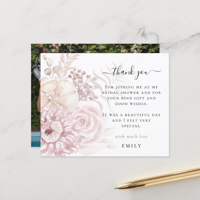 Papier Fête des mariées photo Budget Rose Florals Merci (Devant/Arrière en situation)