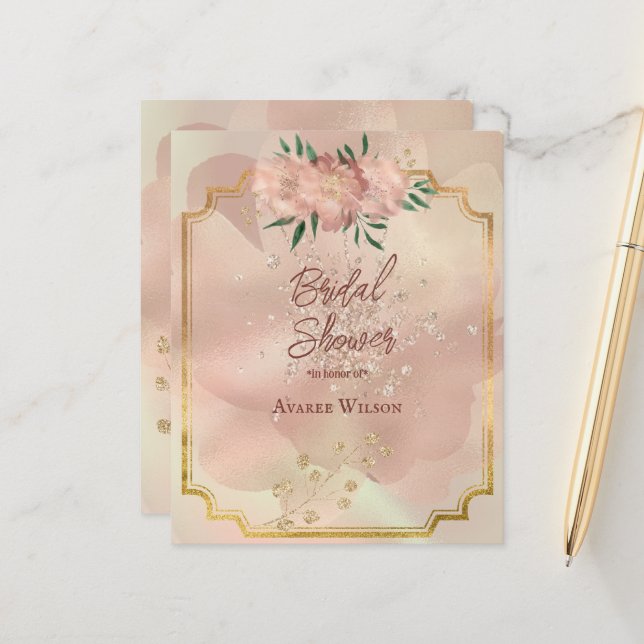 Papier Fête des mariées Pink Satin Roses Gold Frame (Devant/Arrière en situation)