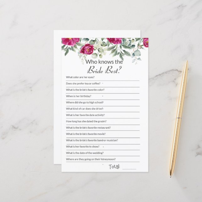 Papier Fête des mariées Rose Comment bien connaissez-vous (Devant/Arrière en situation)