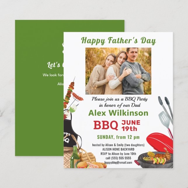 Papier FÊTE DES PÈRES verte BUDGET Photo BBQ Invitation (Devant / Derrière)