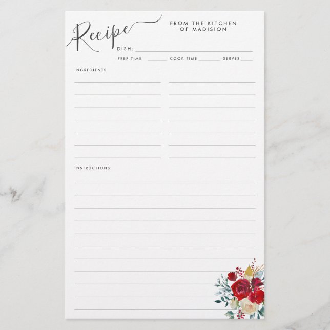 Papier Feuillet de recettes Floral Bourgogne Holly Holida (Devant)