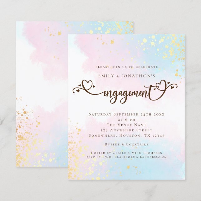 Papier Fiançailles de coeur rose bleu aquarelle budgétair (Devant / Derrière)