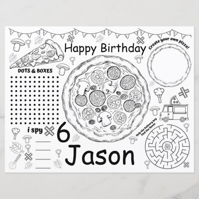 Papier Fiche d'activité d'anniversaire de pizza, sets de  (Devant)