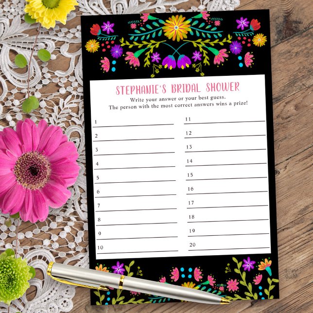 Papier Fiche de réponse du jeu de douche Florale Fiesta m (Bridal Shower Game answer card from my Mexican Fiesta Floral collection)