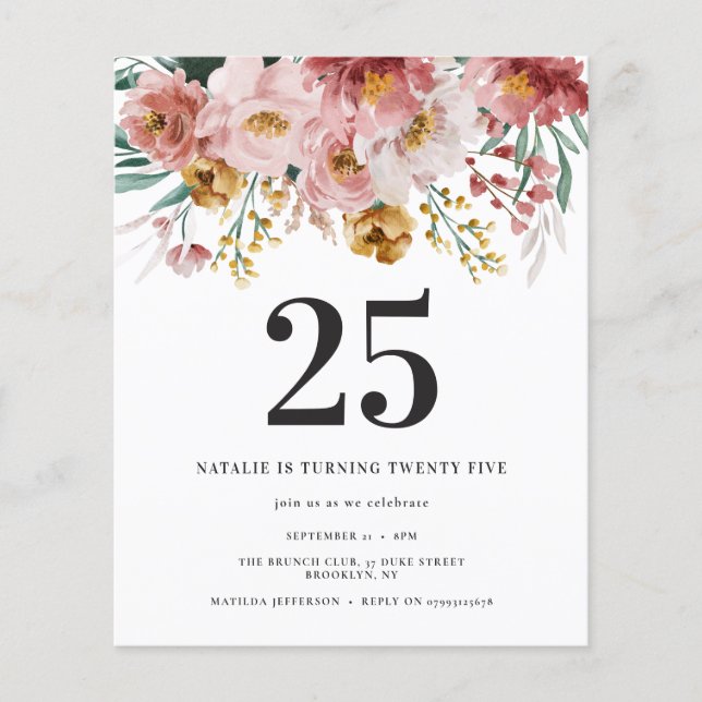 Papier Fille aquarelle florale éditable âge anniversaire (Devant)