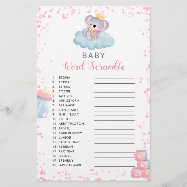Papier Fille Koala ours bébé Mot Scramble Douche Jeu (Devant)