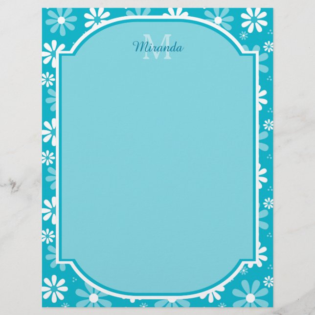 Papier Fille Monogramme Turquoise Daisy Fleurs Avec Nom (Devant)