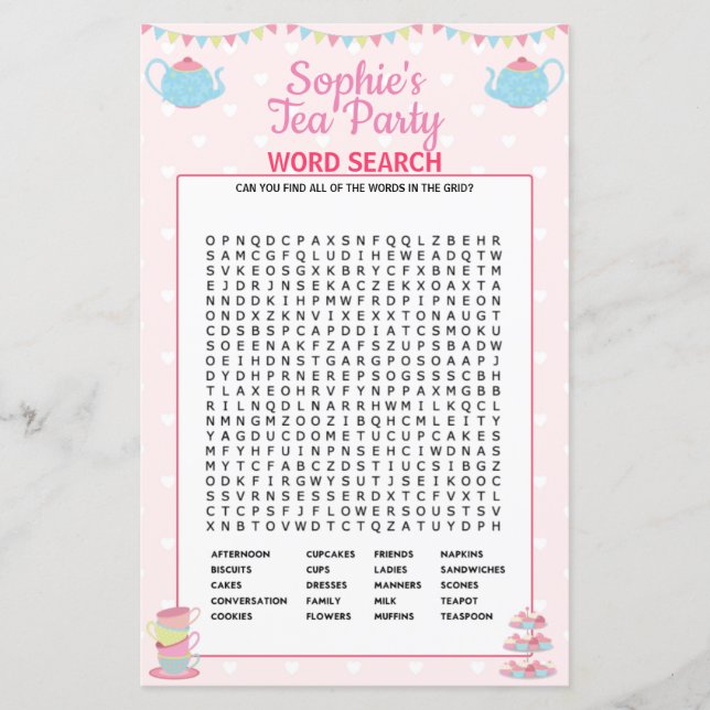 Papier Filles Anniversaire Tea Party Word Search (Devant)