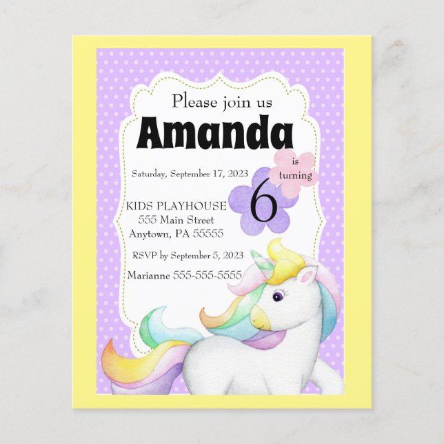 Papier Filles Unicorn Invitation Anniversaire (Devant)
