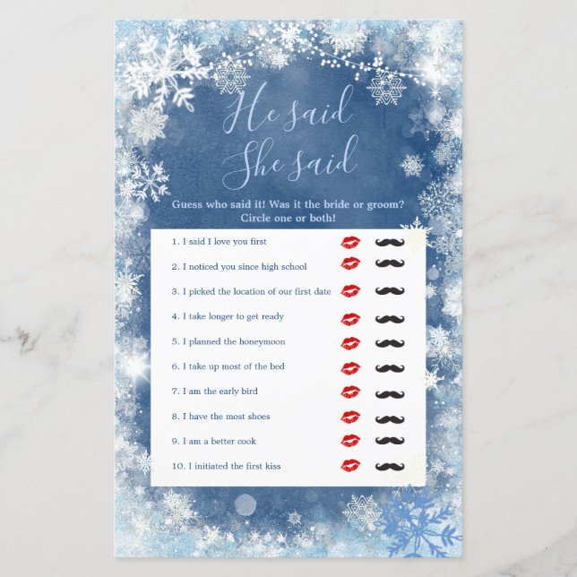 Papier Flèche De Neige Bleu Blanc D'Hiver Il A Dit Qu'Ell (Devant)