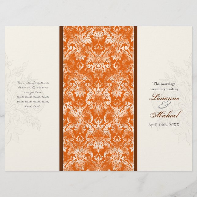 Papier Fleur di Lys Damask Orange Formal Wedding Programm (Devant)