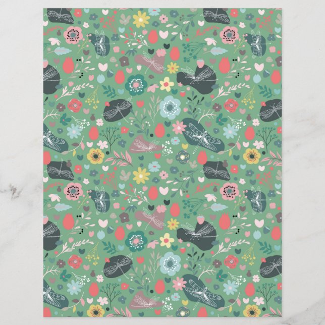 Papier Fleur et libellules sans joint motif sur vert (Devant)