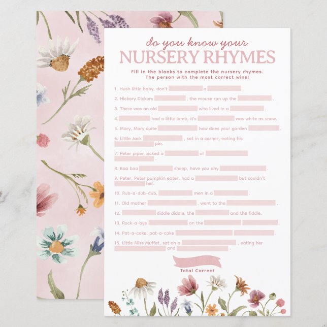 Papier Fleur sauvage Baby shower Nursery Rhyme Jeu (Devant / Derrière)