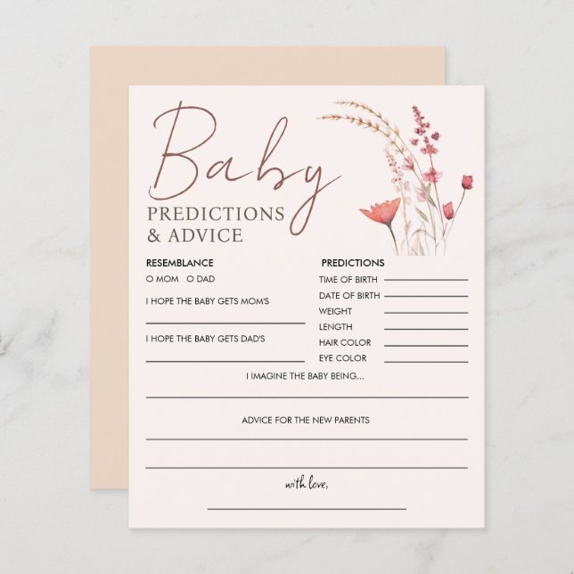 Papier Fleur sauvage Boho Baby shower Prédiction et conse (Devant / Derrière)