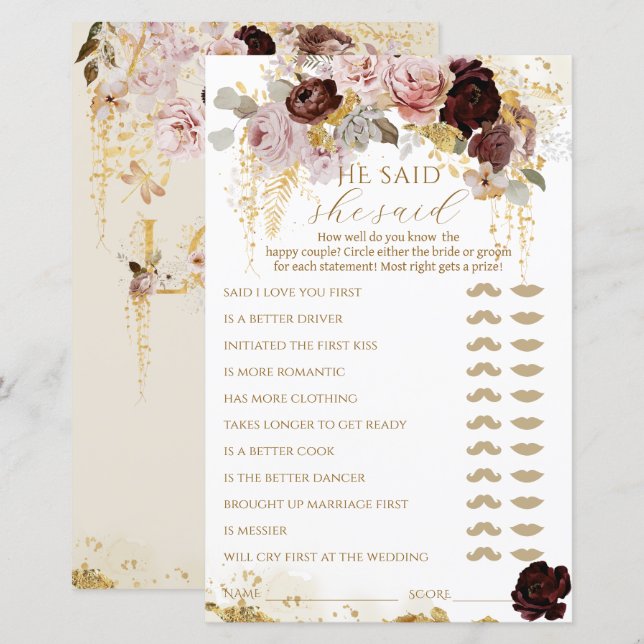 Papier Fleur sauvage d'automne Gold Floral Fête des marié (Devant / Derrière)