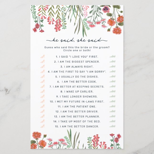 Papier Fleur sauvage Il dit qu'elle a dit jeu de douche d (Devant)