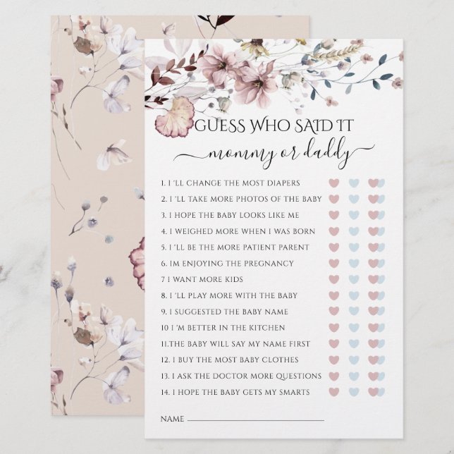 Papier Fleur sauvage Maman ou Papa dit It Baby shower Jeu (Devant / Derrière)