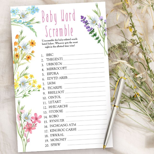 Papier Fleur sauvage Meadow Baby Mot Scramble Douche Jeu (Baby Shower Game - Baby Word Scramble - from my Wildflower Meadow collection)