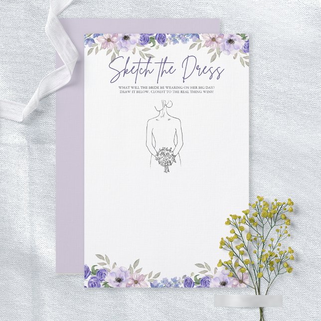 Papier Fleur violette Esquisse la robe Fête des mariées J (Purple Flower Sketch the Dress Bridal Shower Game)