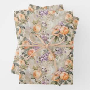 PAPIER FLEURI AUX TEINTES DE PÊCHE ET LILAS VINTAG