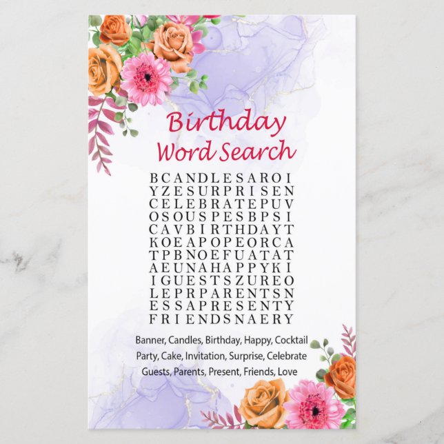 Papier Fleurs Anniversaire Mot de recherche Jeu (Devant)