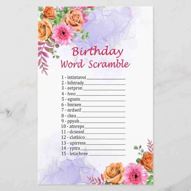 Papier Fleurs Anniversaire Mot Débauche Jeu (Devant)