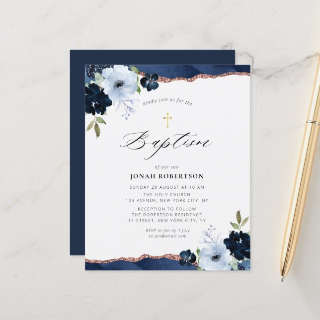 Papier fleurs bleu marine agate baptême invitation (Devant/Arrière en situation)