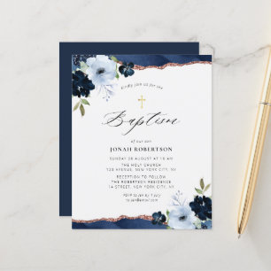 Papier fleurs bleu marine agate baptême invitation