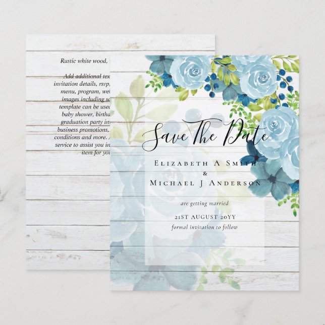 PAPIER FLEURS BLEU POUSSIÉREUX SAUVEGARDENT LES DATES - B (Devant / Derrière)