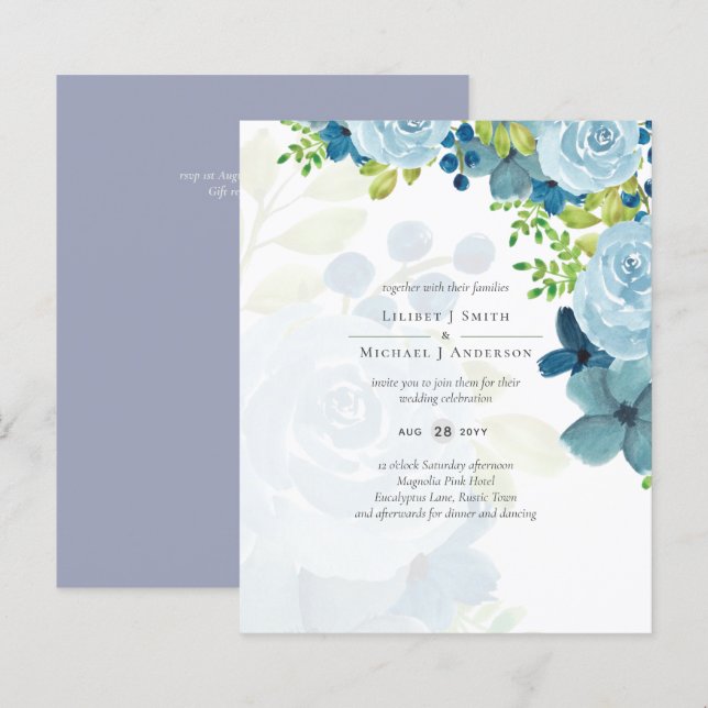 Papier Fleurs Bleu Poussiéreux Sublimes Vert Sauge Mariag (Devant / Derrière)