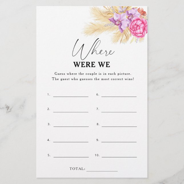 Papier Fleurs bohèmes - Où étions-nous jeu de baby shower (Devant)