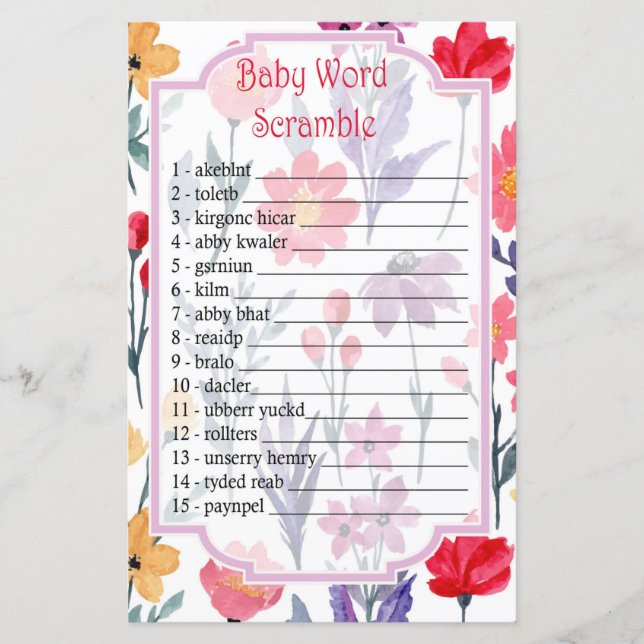 Papier Fleurs d'aquarelle Baby mot scramble jeu (Devant)