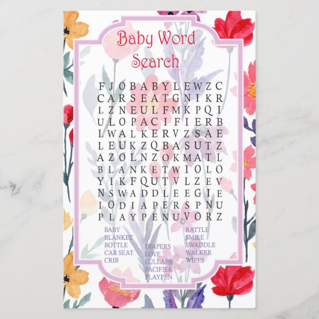 Papier Fleurs d'aquarelle Baby shower Mot de recherche Je (Devant)