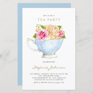 Papier Fleurs d'aquarelle dans Teacup Tea Party Invitatio