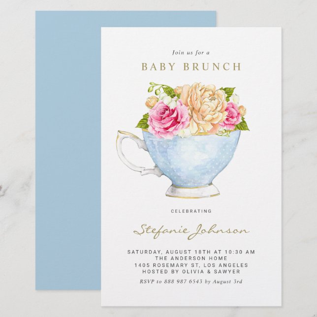 Papier Fleurs d'aquarelle en Teacup Baby Brunch Invitatio (Devant / Derrière)