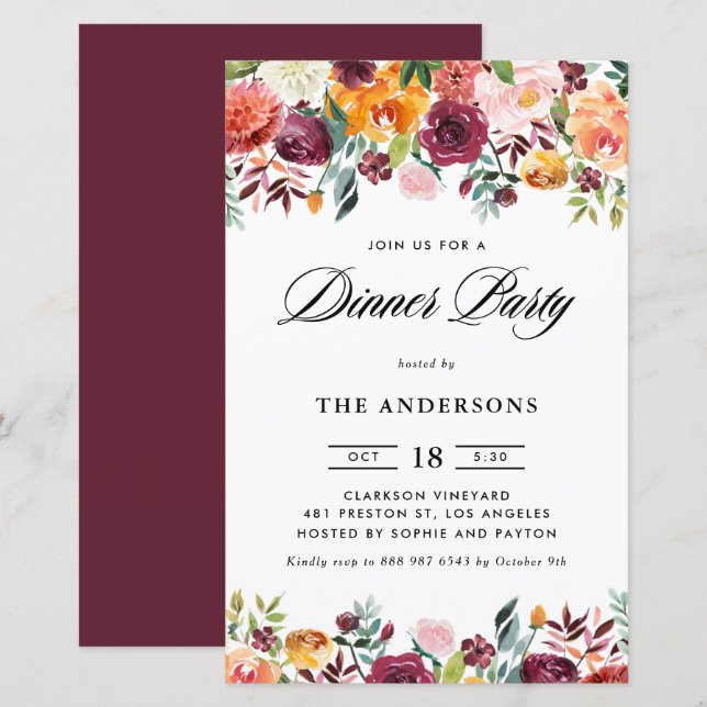 Papier Fleurs d'automne Garland Diner fêtes Invitation (Devant / Derrière)